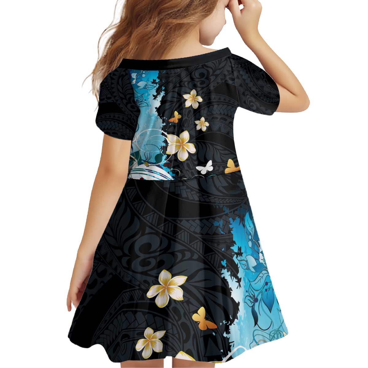 Blue Grunge Polynesian Pattern Kid Short Sleeve Dress Plumeria Floral