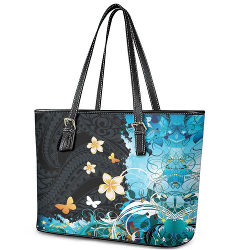 Blue Grunge Polynesian Pattern Leather Tote Bag Plumeria Floral