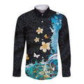 Blue Grunge Polynesian Pattern Long Sleeve Button Shirt Plumeria Floral