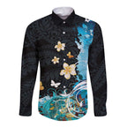 Blue Grunge Polynesian Pattern Long Sleeve Button Shirt Plumeria Floral