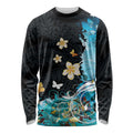 Blue Grunge Polynesian Pattern Long Sleeve Shirt Plumeria Floral