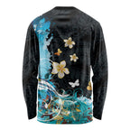 Blue Grunge Polynesian Pattern Long Sleeve Shirt Plumeria Floral
