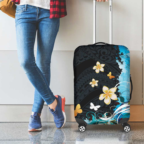 Blue Grunge Polynesian Pattern Luggage Cover Plumeria Floral