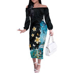 Blue Grunge Polynesian Pattern Off The Shoulder Long Sleeve Dress Plumeria Floral
