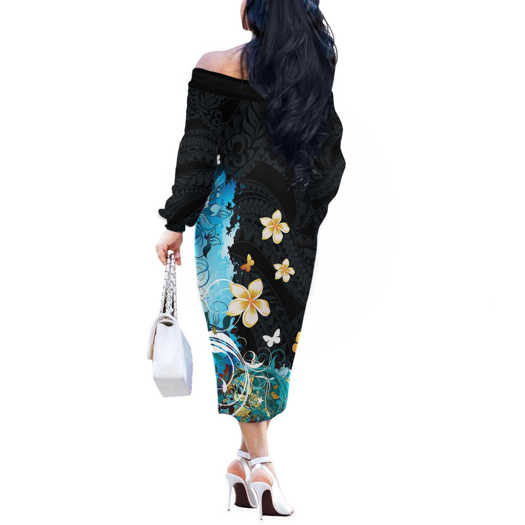 Blue Grunge Polynesian Pattern Off The Shoulder Long Sleeve Dress Plumeria Floral