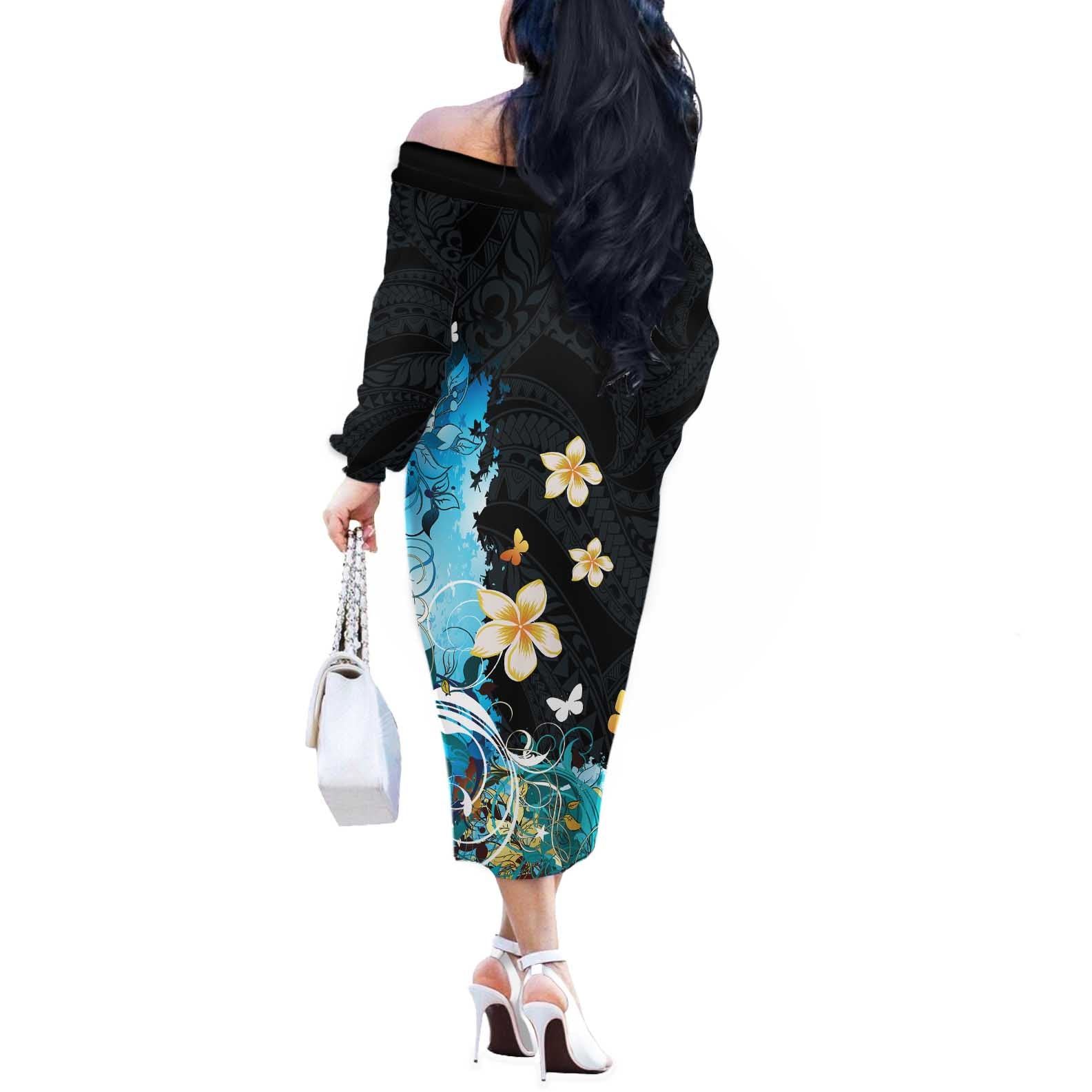 Blue Grunge Polynesian Pattern Off The Shoulder Long Sleeve Dress Plumeria Floral