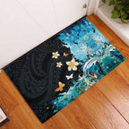 Blue Grunge Polynesian Pattern Rubber Doormat Plumeria Floral