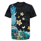 Blue Grunge Polynesian Pattern Rugby Jersey Plumeria Floral