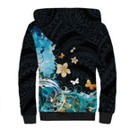 Blue Grunge Polynesian Pattern Sherpa Hoodie Plumeria Floral