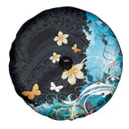 Blue Grunge Polynesian Pattern Spare Tire Cover Plumeria Floral
