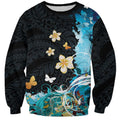 Blue Grunge Polynesian Pattern Sweatshirt Plumeria Floral