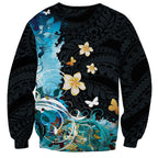 Blue Grunge Polynesian Pattern Sweatshirt Plumeria Floral