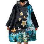 Blue Grunge Polynesian Pattern Wearable Blanket Hoodie Plumeria Floral