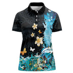 Blue Grunge Polynesian Pattern Women Polo Shirt Plumeria Floral
