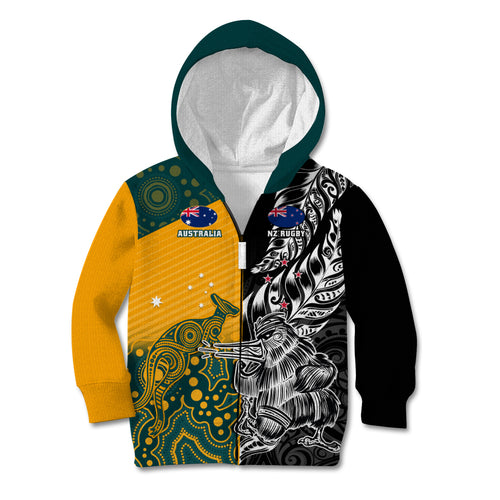 Custom New Zealand And Australia Rugby Kid Hoodie Wallabies Kiwi Silver Fern 2023 World Cup