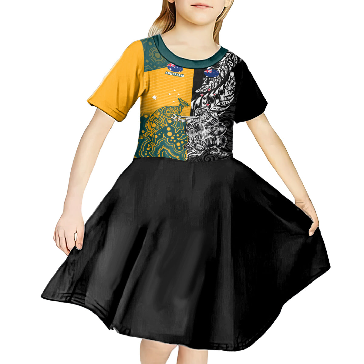 Custom New Zealand And Australia Rugby Kid Short Sleeve Dress Wallabies Kiwi Silver Fern 2023 World Cup
