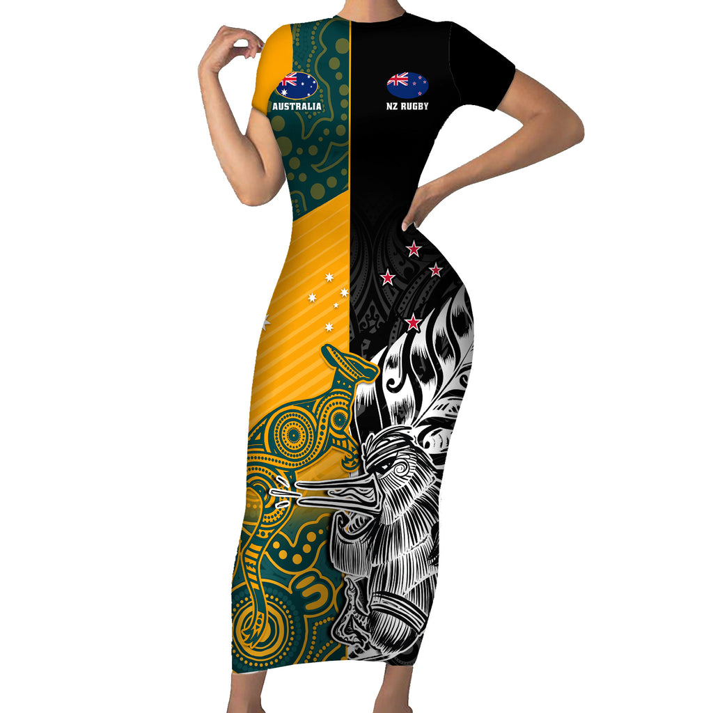 Custom New Zealand And Australia Rugby Short Sleeve Bodycon Dress Wallabies Kiwi Silver Fern 2023 World Cup