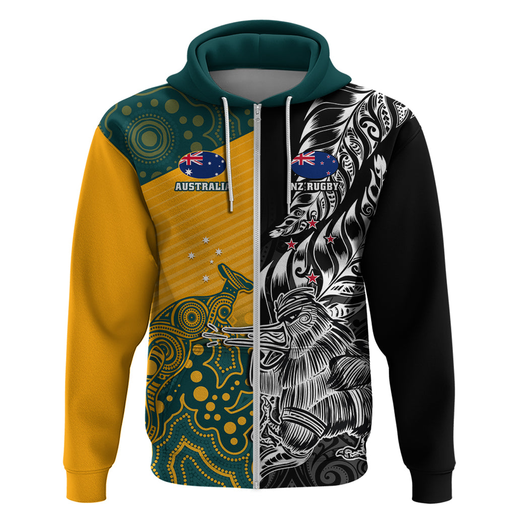 Custom New Zealand And Australia Rugby Zip Hoodie Wallabies Kiwi Silver Fern 2023 World Cup