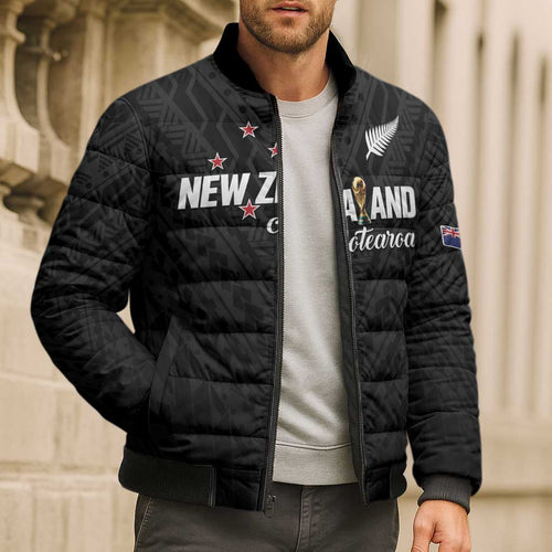 Custom Football New Zealand Bomber Puffer Jacket Aotearoa United Black Version - Aussie Hoodie