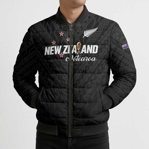 Custom Football New Zealand Bomber Puffer Jacket Aotearoa United Black Version - Aussie Hoodie