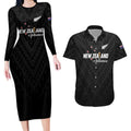 Custom Football New Zealand Couples Matching Long Sleeve Bodycon Dress and Hawaiian Shirt Aotearoa United Black Version - Aussie Hoodie