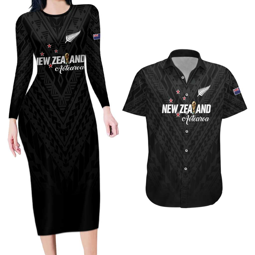 Custom Football New Zealand Couples Matching Long Sleeve Bodycon Dress and Hawaiian Shirt Aotearoa United Black Version - Aussie Hoodie