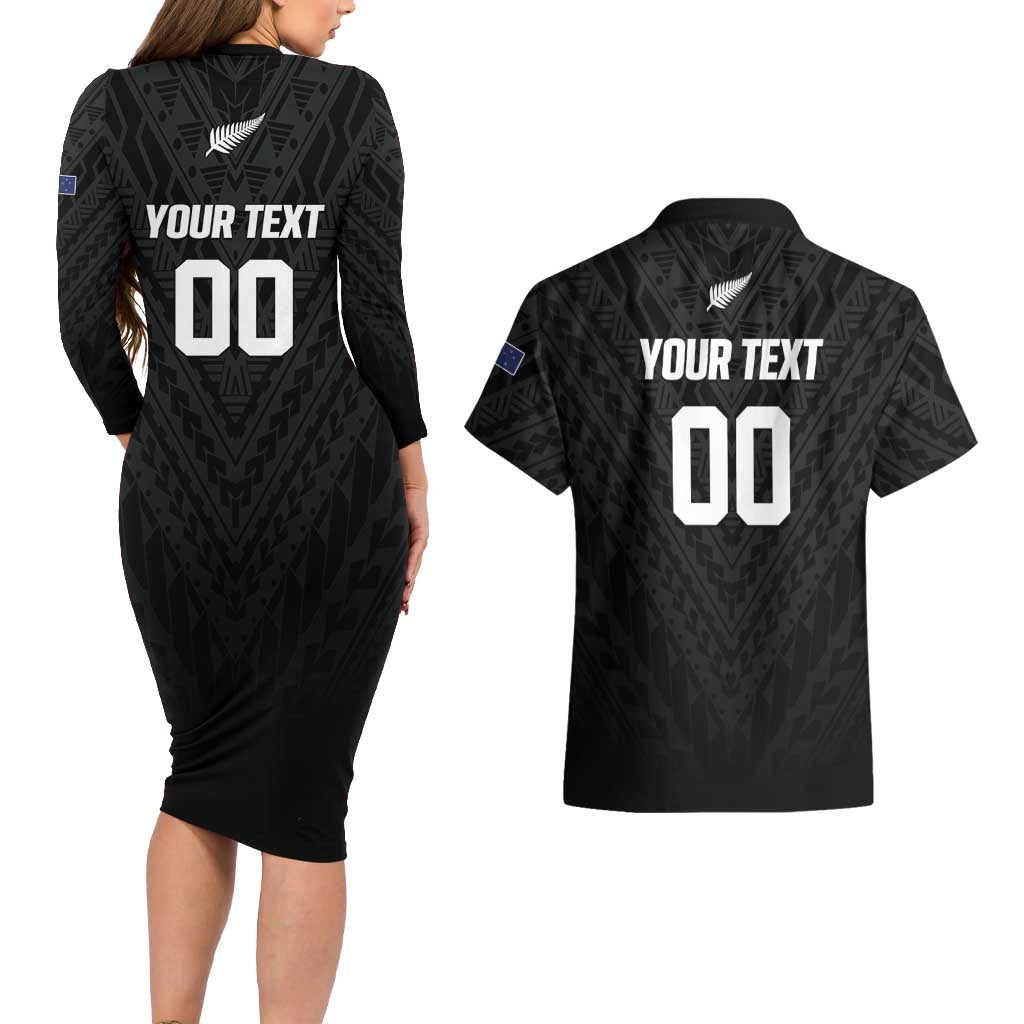 Custom Football New Zealand Couples Matching Long Sleeve Bodycon Dress and Hawaiian Shirt Aotearoa United Black Version - Aussie Hoodie