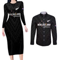 Custom Football New Zealand Couples Matching Long Sleeve Bodycon Dress and Long Sleeve Button Shirt Aotearoa United Black Version - Aussie Hoodie
