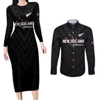 Custom Football New Zealand Couples Matching Long Sleeve Bodycon Dress and Long Sleeve Button Shirt Aotearoa United Black Version - Aussie Hoodie