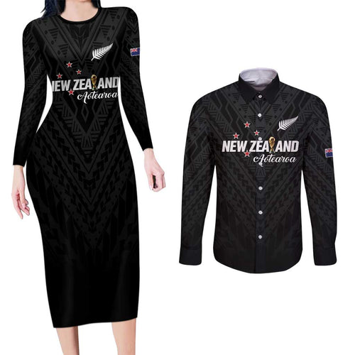 Custom Football New Zealand Couples Matching Long Sleeve Bodycon Dress and Long Sleeve Button Shirt Aotearoa United Black Version - Aussie Hoodie