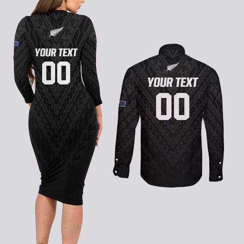 Custom Football New Zealand Couples Matching Long Sleeve Bodycon Dress and Long Sleeve Button Shirt Aotearoa United Black Version - Aussie Hoodie