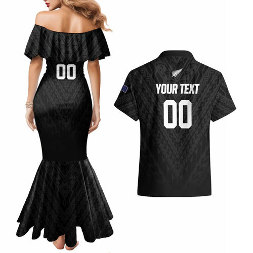 Custom Football New Zealand Couples Matching Mermaid Dress and Hawaiian Shirt Aotearoa United Black Version - Aussie Hoodie