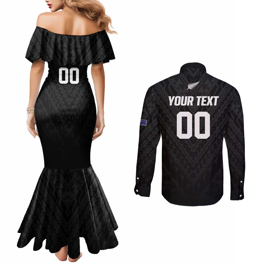 Custom Football New Zealand Couples Matching Mermaid Dress and Long Sleeve Button Shirt Aotearoa United Black Version - Aussie Hoodie