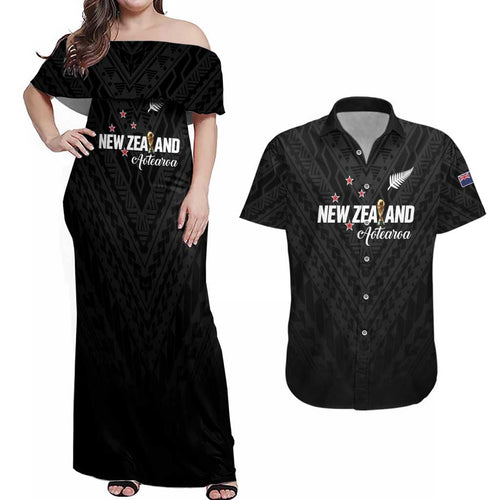 Custom Football New Zealand Couples Matching Off Shoulder Maxi Dress and Hawaiian Shirt Aotearoa United Black Version - Aussie Hoodie