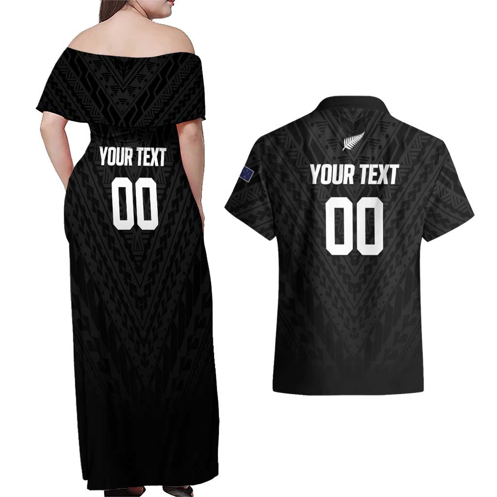 Custom Football New Zealand Couples Matching Off Shoulder Maxi Dress and Hawaiian Shirt Aotearoa United Black Version - Aussie Hoodie