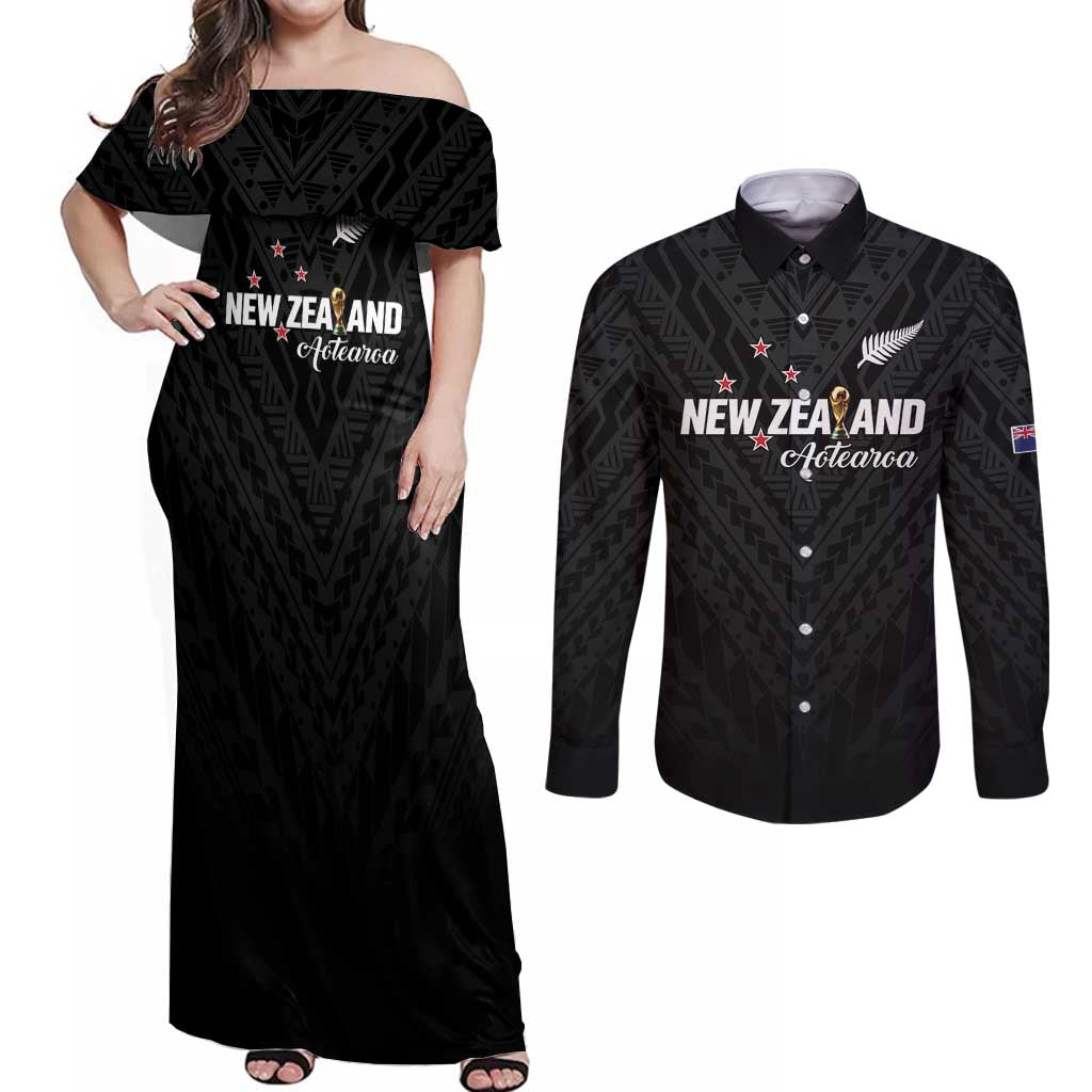 Custom Football New Zealand Couples Matching Off Shoulder Maxi Dress and Long Sleeve Button Shirt Aotearoa United Black Version - Aussie Hoodie