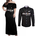 Custom Football New Zealand Couples Matching Off Shoulder Maxi Dress and Long Sleeve Button Shirt Aotearoa United Black Version - Aussie Hoodie
