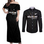 Custom Football New Zealand Couples Matching Off Shoulder Maxi Dress and Long Sleeve Button Shirt Aotearoa United Black Version - Aussie Hoodie