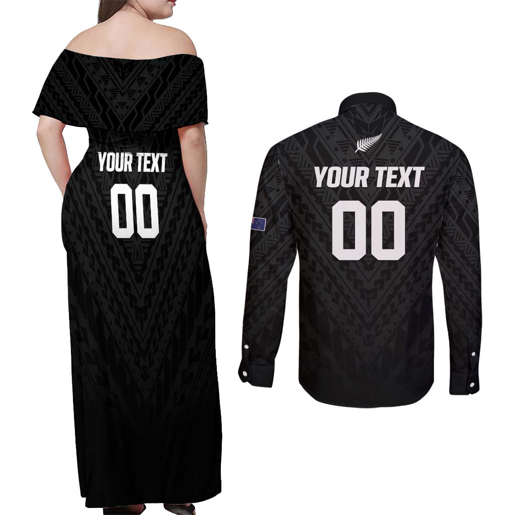 Custom Football New Zealand Couples Matching Off Shoulder Maxi Dress and Long Sleeve Button Shirt Aotearoa United Black Version - Aussie Hoodie