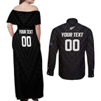 Custom Football New Zealand Couples Matching Off Shoulder Maxi Dress and Long Sleeve Button Shirt Aotearoa United Black Version - Aussie Hoodie