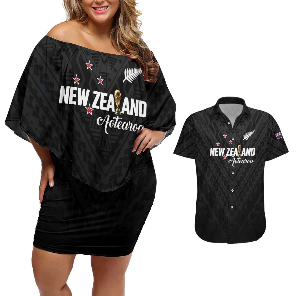 Custom Football New Zealand Couples Matching Off Shoulder Short Dress and Hawaiian Shirt Aotearoa United Black Version - Aussie Hoodie