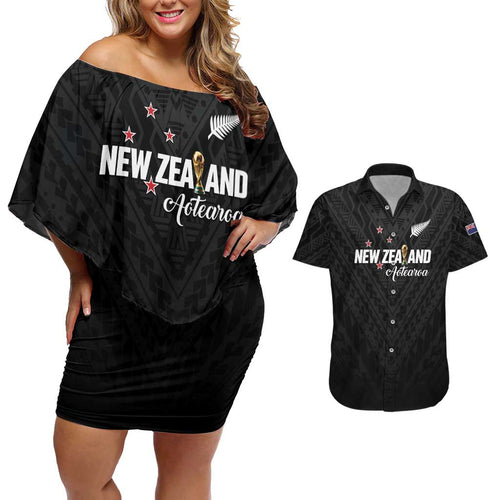 Custom Football New Zealand Couples Matching Off Shoulder Short Dress and Hawaiian Shirt Aotearoa United Black Version - Aussie Hoodie