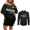 Custom Football New Zealand Couples Matching Off Shoulder Short Dress and Long Sleeve Button Shirt Aotearoa United Black Version - Aussie Hoodie