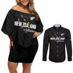 Custom Football New Zealand Couples Matching Off Shoulder Short Dress and Long Sleeve Button Shirt Aotearoa United Black Version - Aussie Hoodie