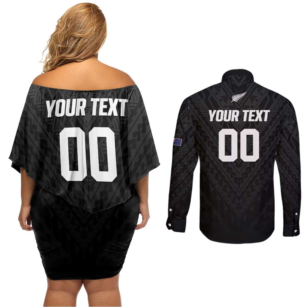 Custom Football New Zealand Couples Matching Off Shoulder Short Dress and Long Sleeve Button Shirt Aotearoa United Black Version - Aussie Hoodie