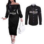 Custom Football New Zealand Couples Matching Off The Shoulder Long Sleeve Dress and Long Sleeve Button Shirt Aotearoa United Black Version - Aussie Hoodie
