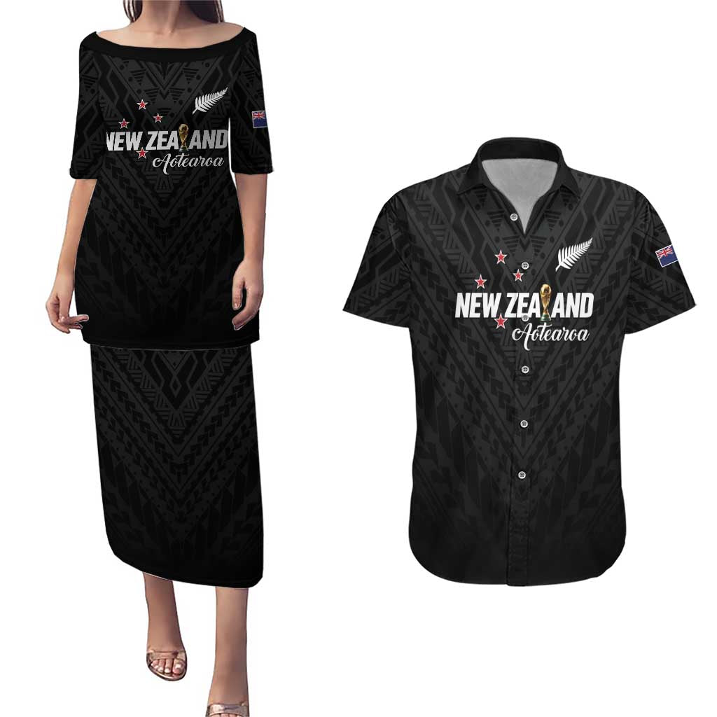 Custom Football New Zealand Couples Matching Puletasi and Hawaiian Shirt Aotearoa United Black Version - Aussie Hoodie