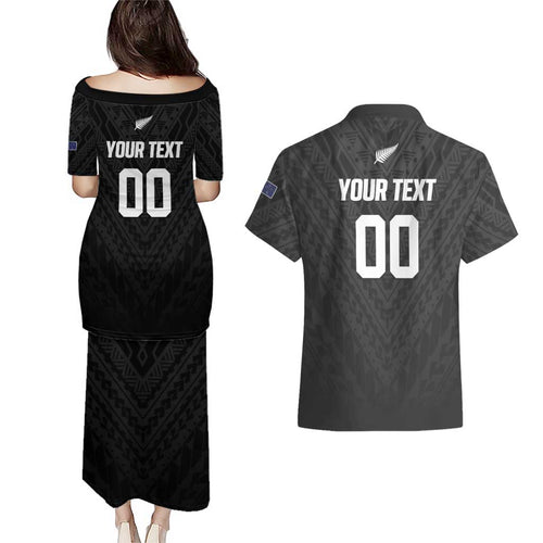 Custom Football New Zealand Couples Matching Puletasi and Hawaiian Shirt Aotearoa United Black Version - Aussie Hoodie