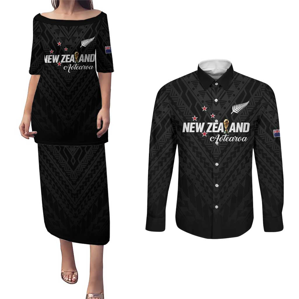 Custom Football New Zealand Couples Matching Puletasi and Long Sleeve Button Shirt Aotearoa United Black Version - Aussie Hoodie