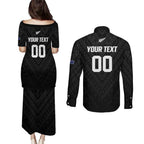 Custom Football New Zealand Couples Matching Puletasi and Long Sleeve Button Shirt Aotearoa United Black Version - Aussie Hoodie